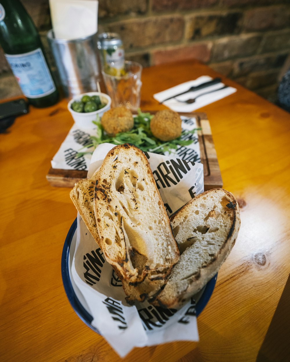 bread on blue and white ceramic plate