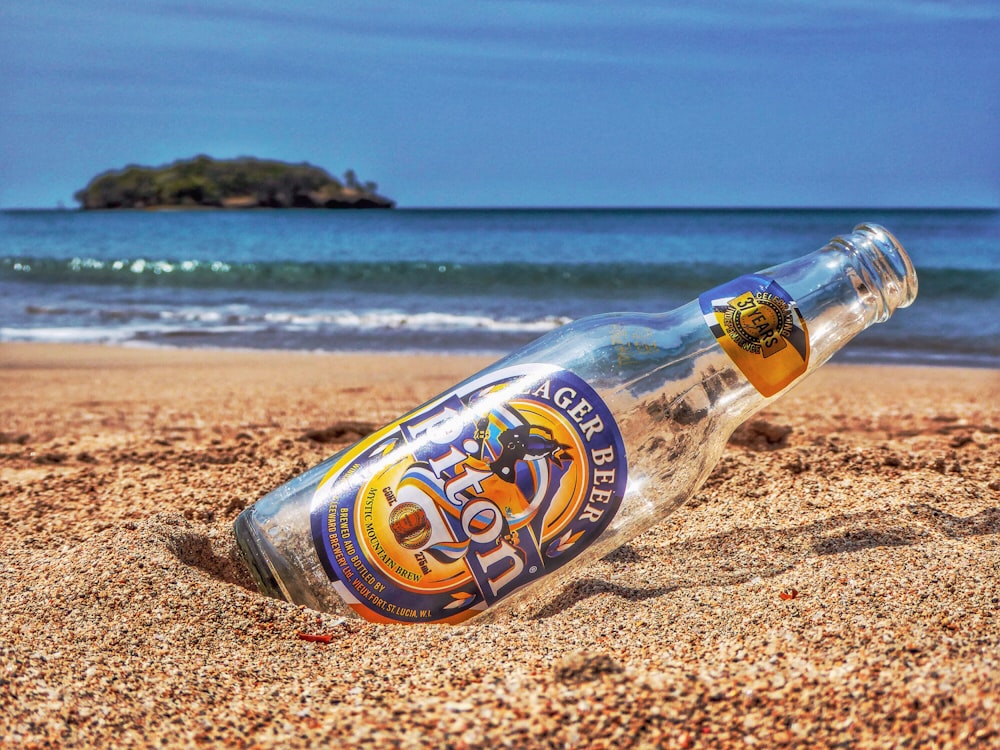 clear glass bottle on brown sand near sea during daytime