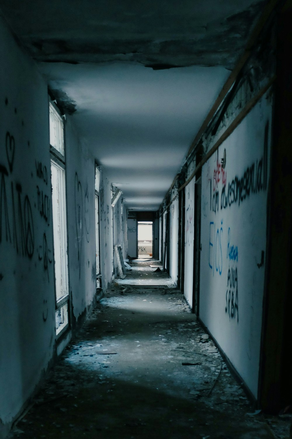 hallway with white and blue walls