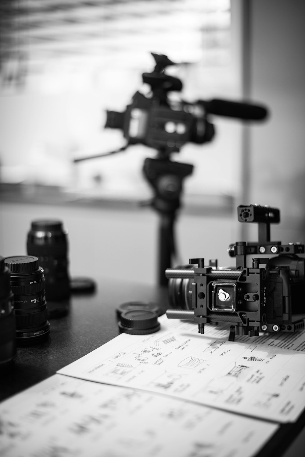 black and silver camera on table