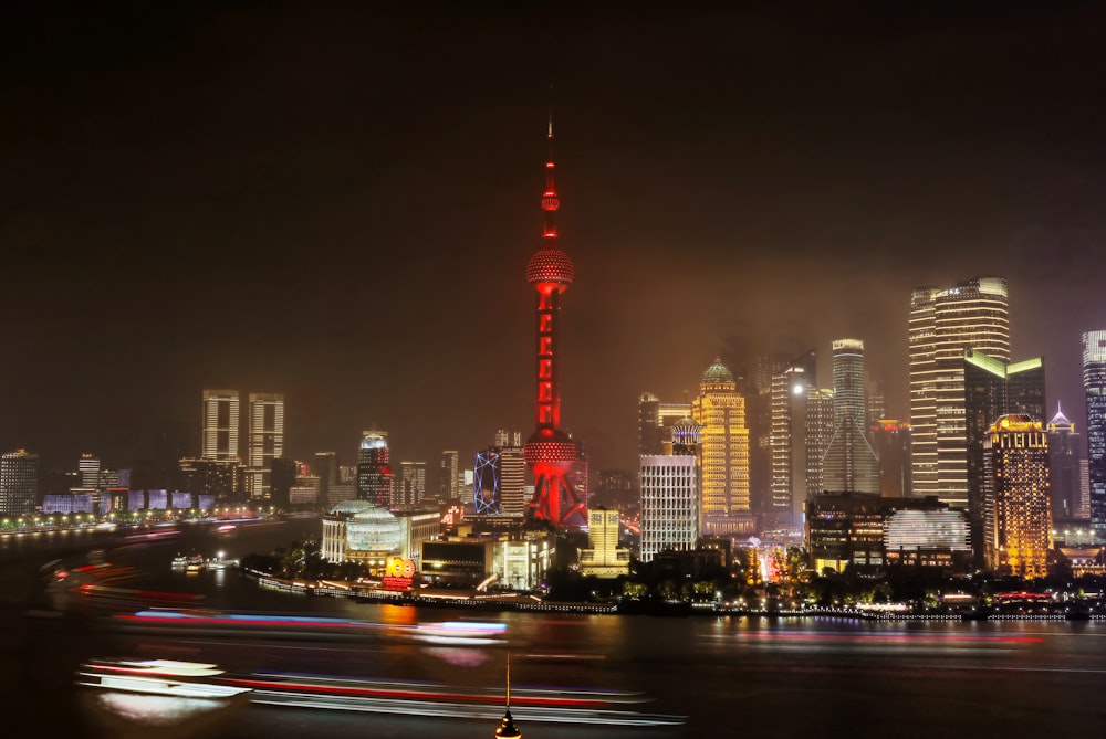 city skyline during night time