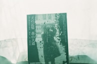 A book cover features the title 'MEMORIES OF A DOG' along with Japanese text. The central image depicts a silhouette of a person in a coat taking a photograph, surrounded by an abstract pattern reminiscent of splattered ink or paint. The overall color scheme is green, contributing to a vintage or artistic look.