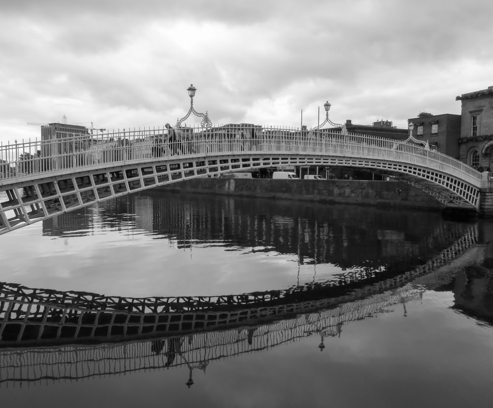 grayscale photo of bridge over river