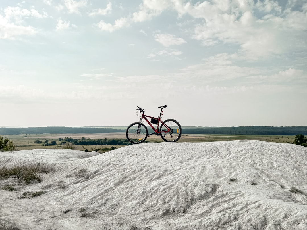 black and red mountain bike on white sand near body of water during daytime
