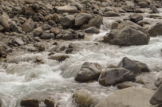 A stream of water flows energetically over and around large, smooth boulders. The water is clear, with visible ripples and foam, indicating a fast-moving current. Surrounding the stream are numerous rocks, varying in size and shape, creating a rustic, natural landscape.