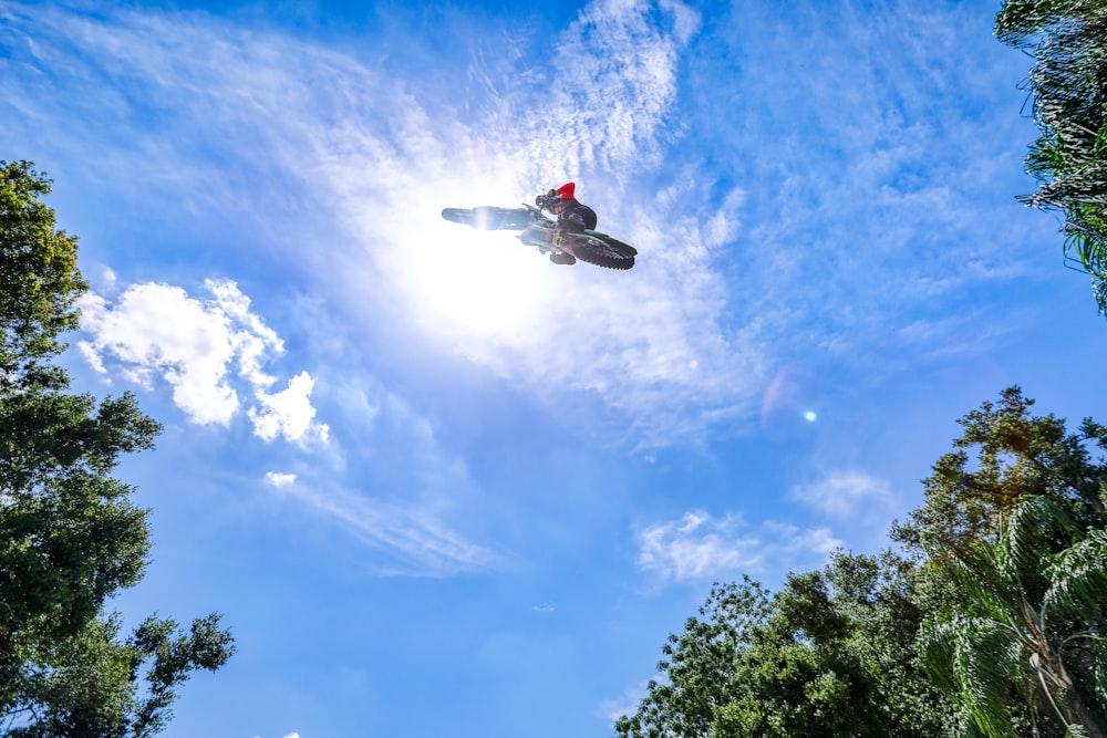 Avión blanco y rojo volando sobre árboles verdes durante el día