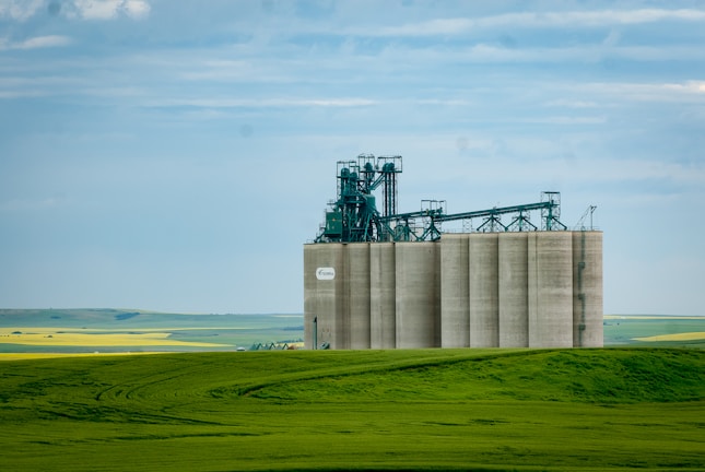 A large industrial grain elevator stands prominently in a vast rural landscape, surrounded by lush green fields and under a partly cloudy blue sky. The structure is equipped with complex machinery and is a beige color, contrasting with the vibrant green and yellow fields in the background.