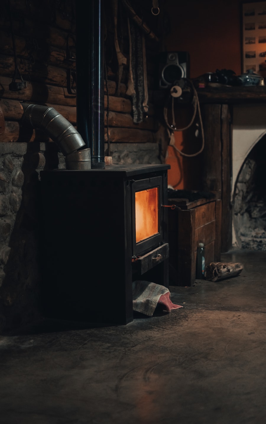 Freestanding stove with a lit firebox