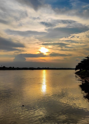 Sunlight reflecting on a serene river with golden hues at sunset.