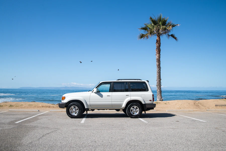 White SUV parked along the coast