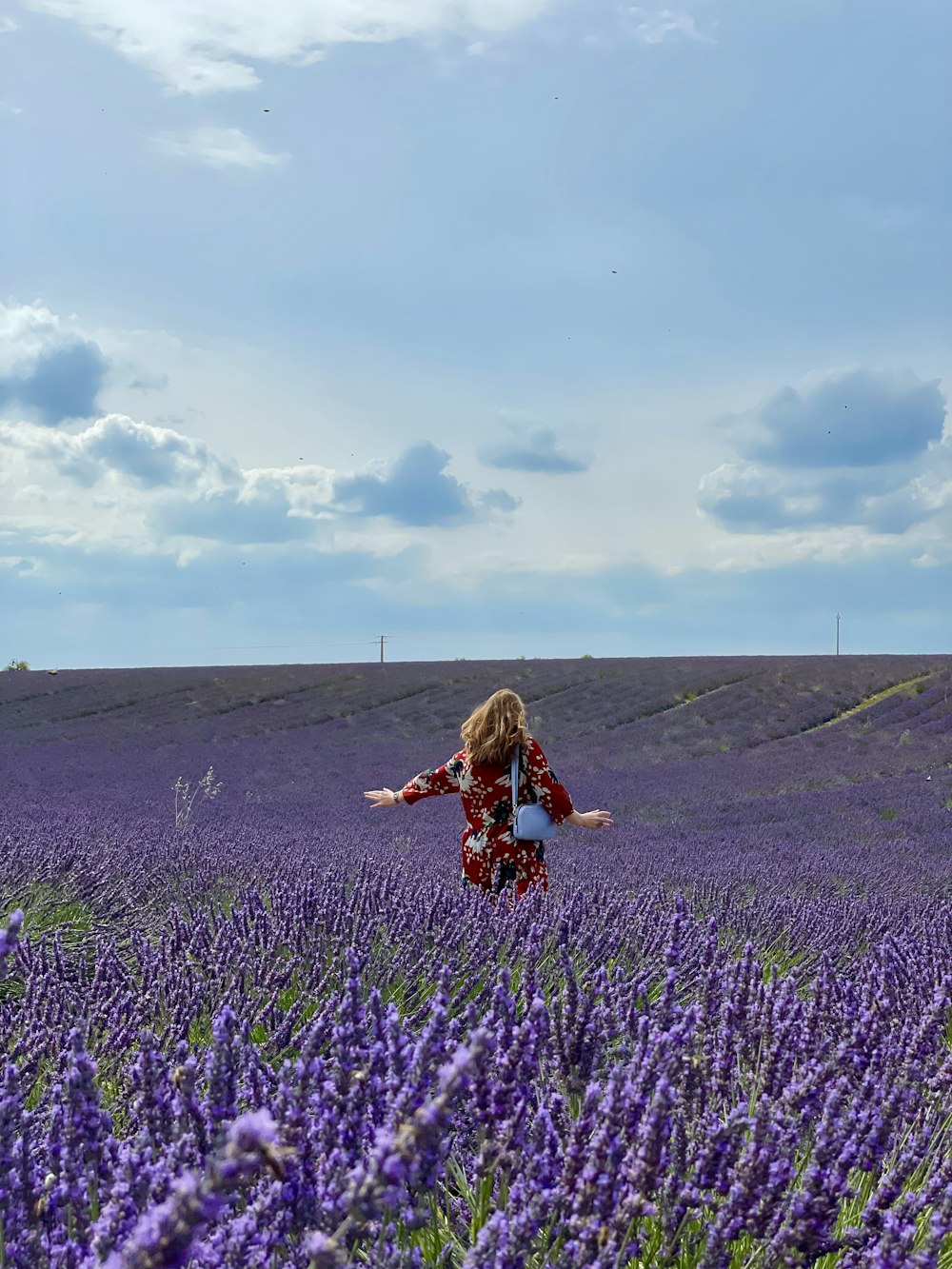 woman in black and brown dress standing on purple flower field during daytime