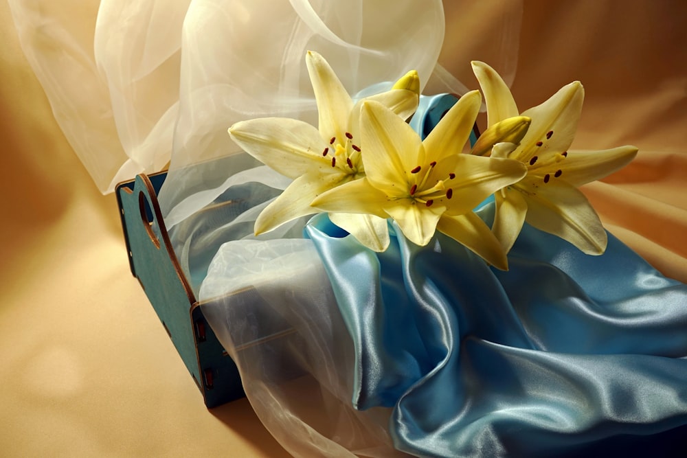 white and yellow flower on blue textile