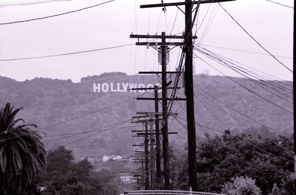 A black and white photograph featuring utility poles and power lines stretching into the distance, leading to the Hollywood Sign situated on a hillside. The foreground is dominated by these utility structures, while trees and sparse buildings are visible alongside the road.