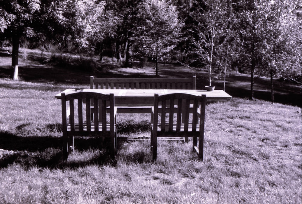 grayscale photo of wooden bench on grass field