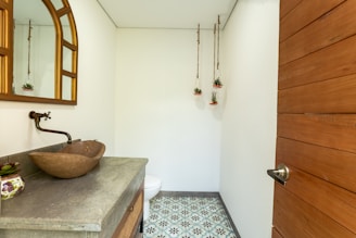 A small, modern bathroom features a wooden countertop with a stone vessel sink and a wall-mounted faucet. A large mirror with a curved top hangs above the sink, and three small potted plants are suspended from the ceiling. The floor is decorated with patterned tiles, and a wooden door with a metal handle is visible.