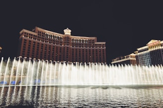 water fountain in front of brown building during nighttime