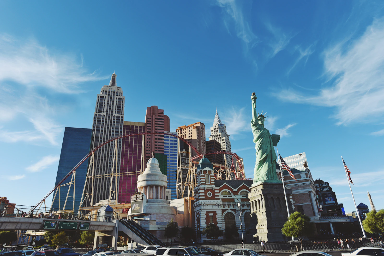 City buildings under blue sky near the casino hotel district
