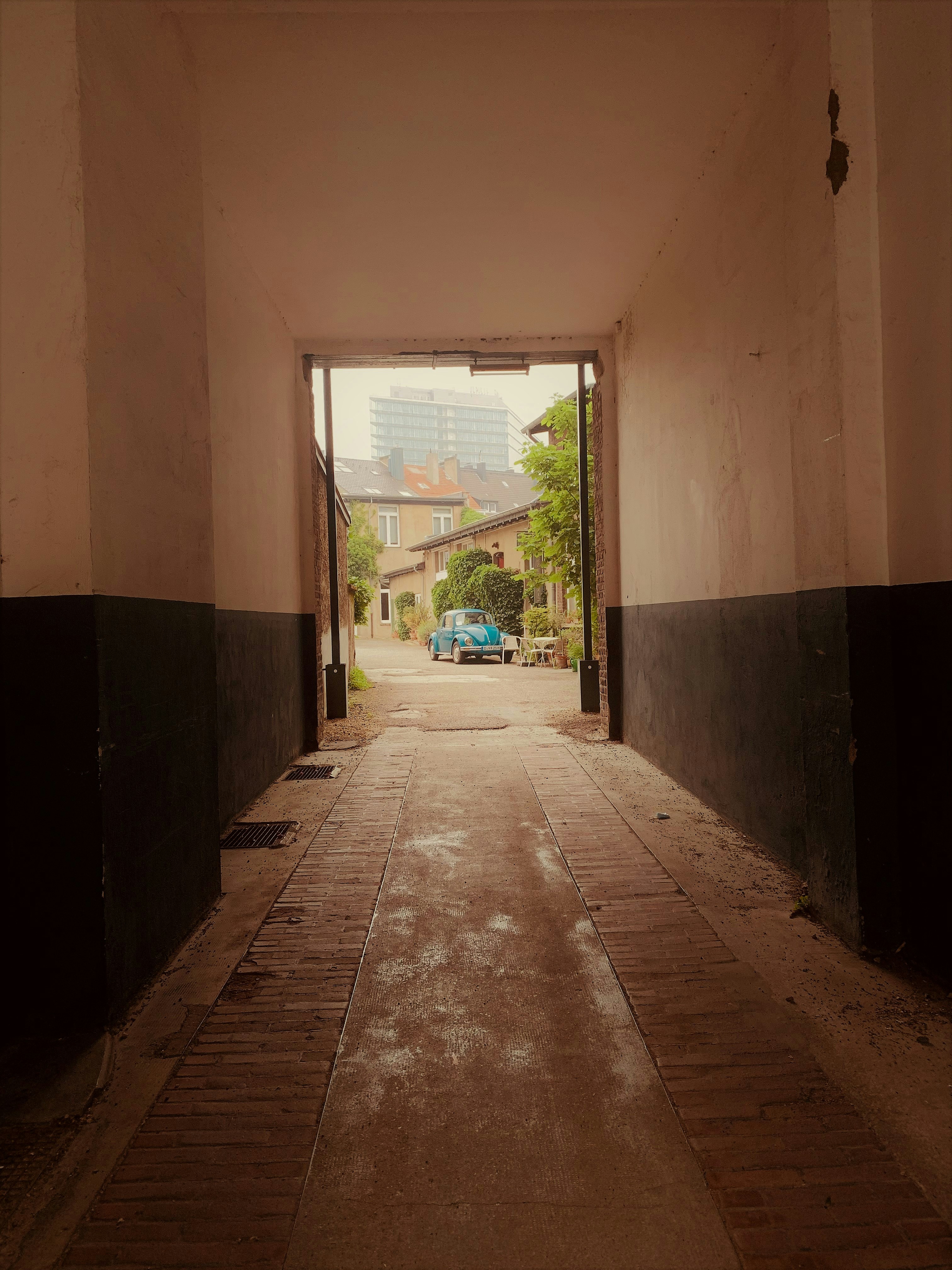 brown and white hallway with green trees