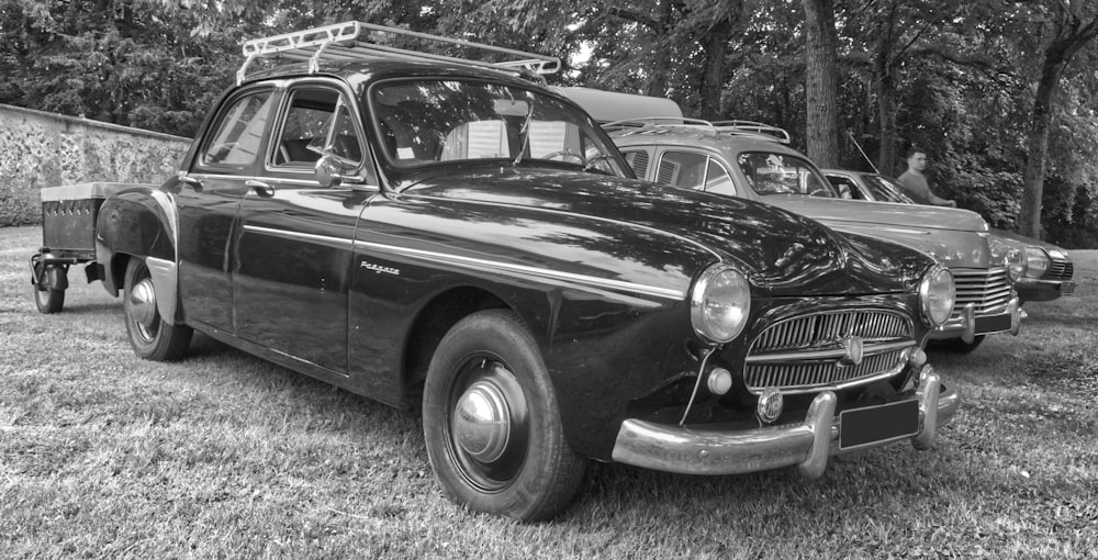 grayscale photo of classic car