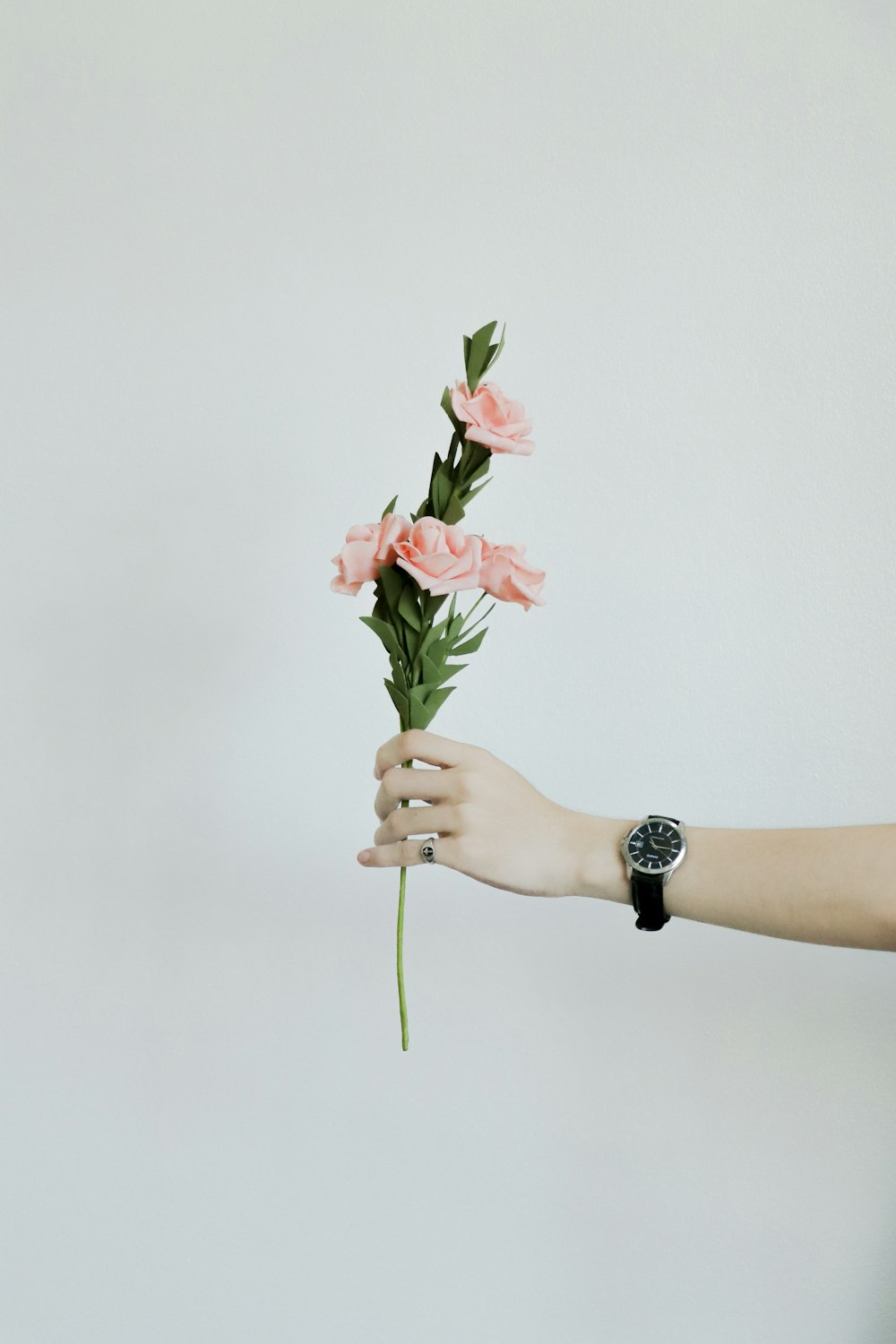person holding pink and white flower bouquet