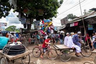 A friendly local Bareilly street scene with people engaging and colorful market stalls.
