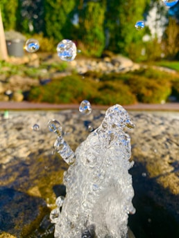Clear water droplets are frozen in motion as they rise into the air against a natural background, with greenery and stones suggesting an outdoor garden setting. The sunlight catches the water, creating shimmering reflections.