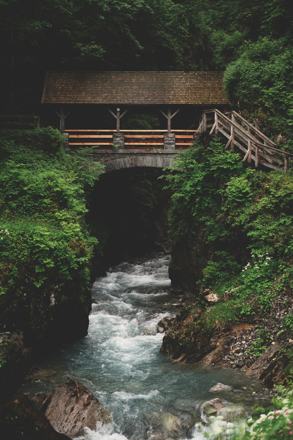 brown wooden bridge over river