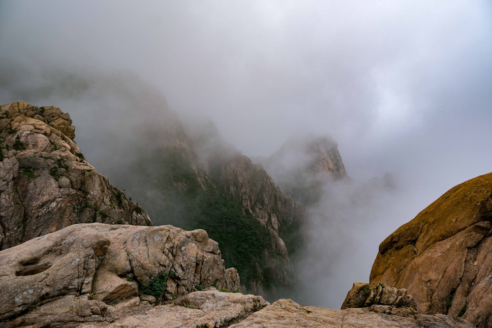 brown rocky mountain with fog