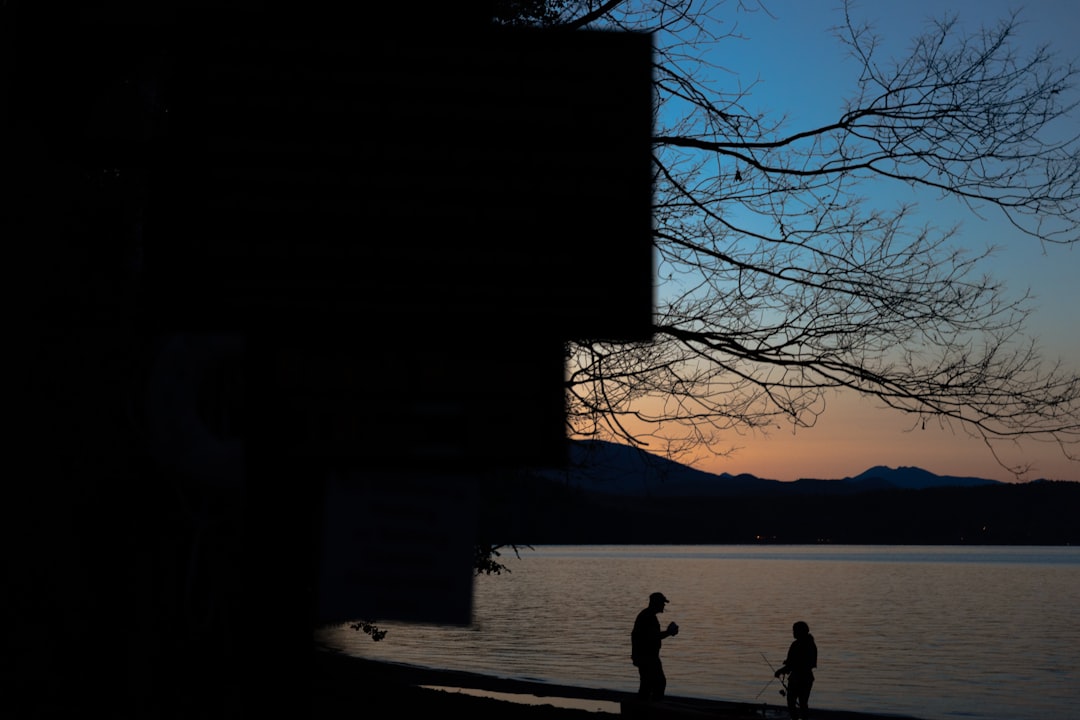 silhouette of person walking on sidewalk near body of water during sunset