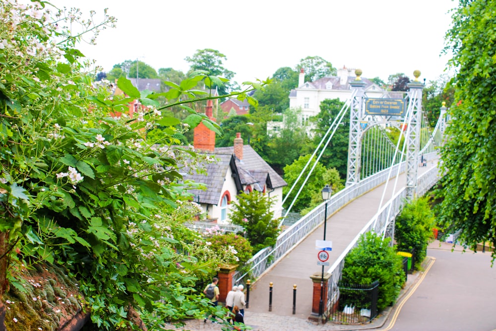 personnes marchant sur le pont près des maisons pendant la journée