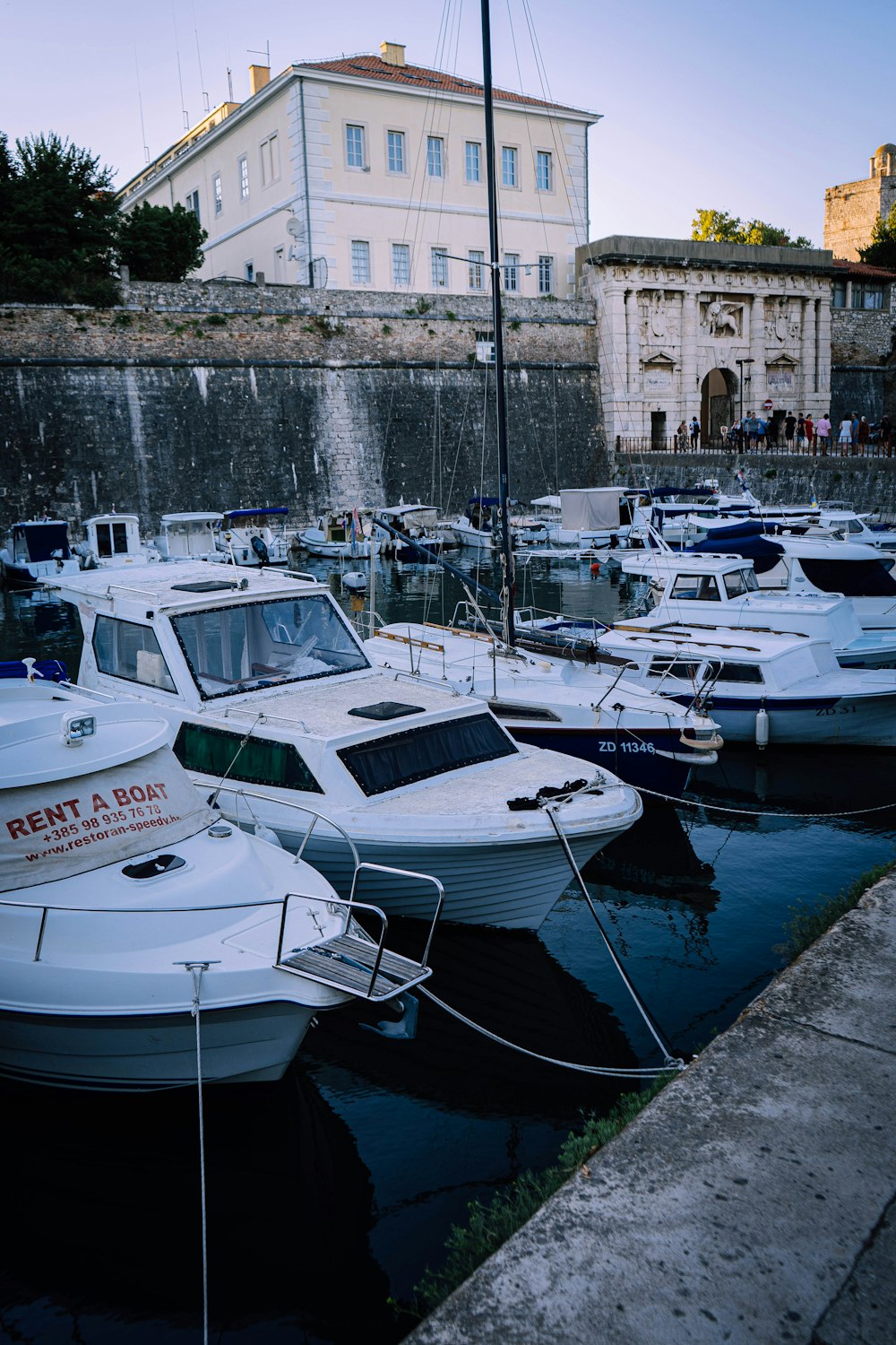 Weiße und blaue Boote am Dock tagsüber