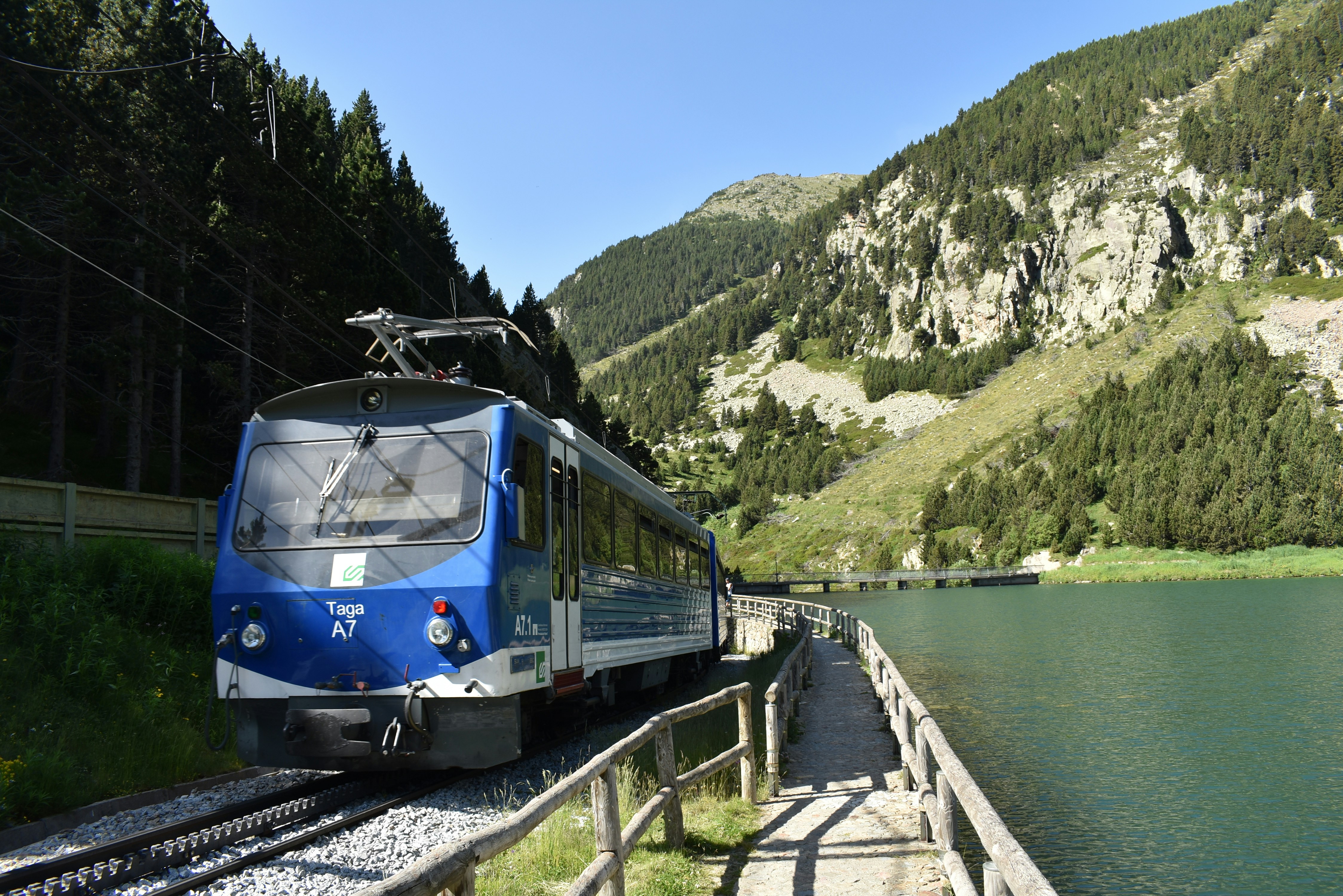 blue and white train on rail tracks near body of water during daytime