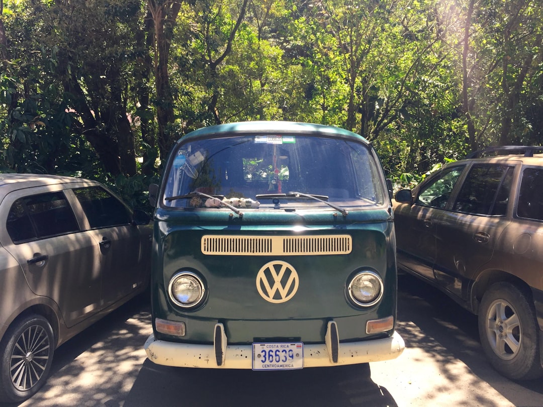 blue volkswagen t-2 parked on the side of the road