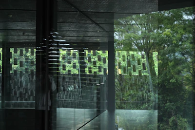 Modern office space with glass walls and forest green accents, showcasing a sleek and professional environment.