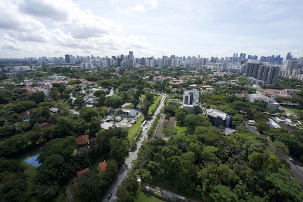 An aerial view of a bustling city with greenery.