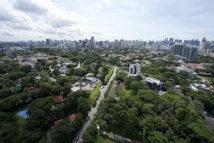 An aerial view of a sprawling city with a mix of residential and commercial buildings surrounded by abundant greenery. The city skyline is prominent in the background, with numerous high-rise buildings. A main road runs through the middle of the image, bordered by tall trees and buildings nestled within greenspaces.