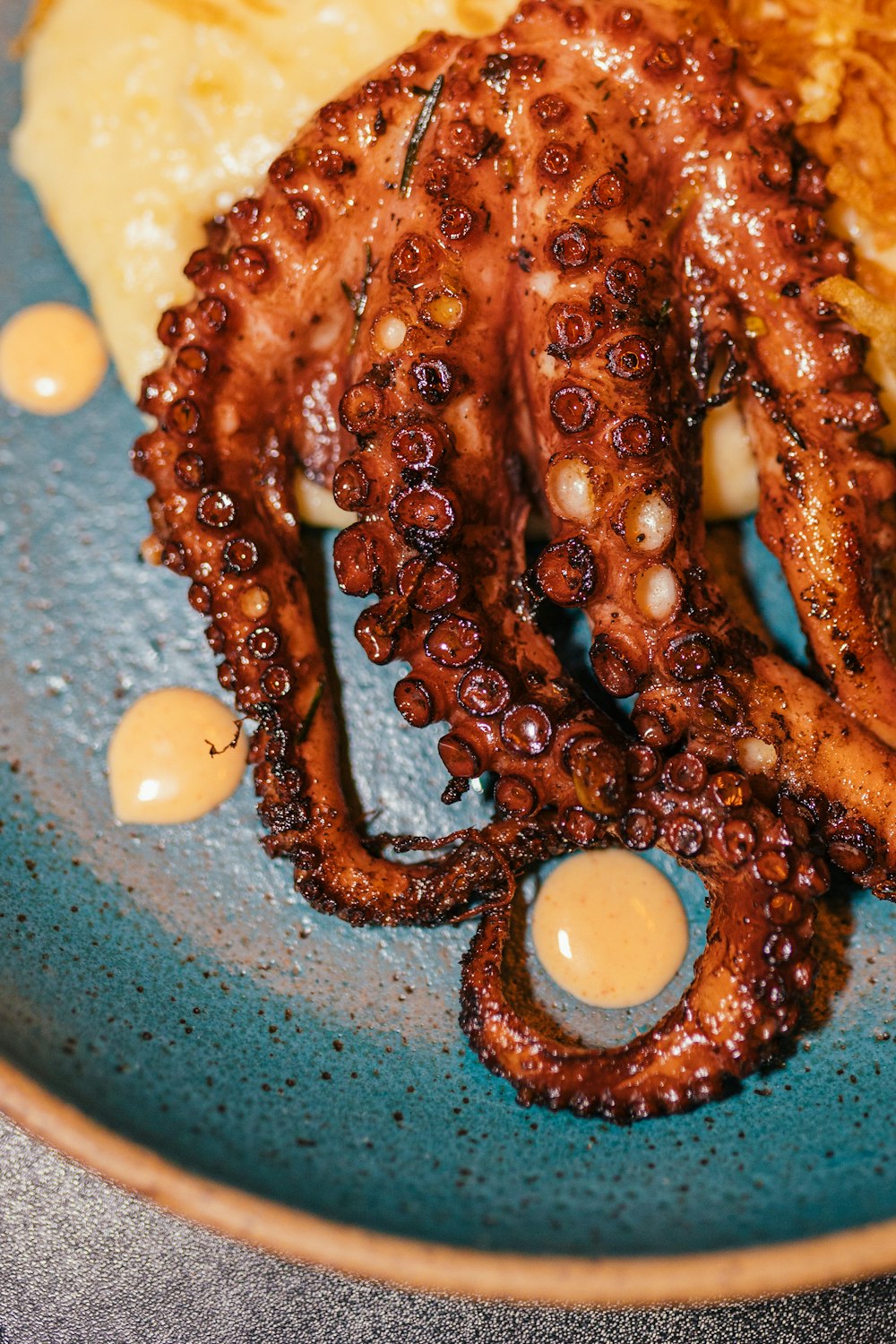 brown and white food on blue ceramic plate