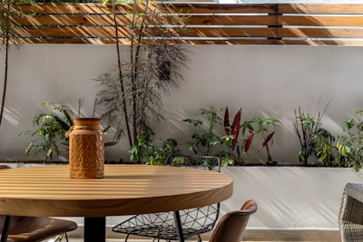 A minimalist outdoor setting features a round wooden table with a decorative ceramic pot in the center. The background includes a planter with various green and red-leafed plants against a white wall, partially shaded by a wooden slat fence.