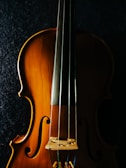 A close-up view of a wooden string instrument, focusing on the body and strings. The warm, natural wood tones contrast with the dark background, highlighting the instrument's curves and craftsmanship.