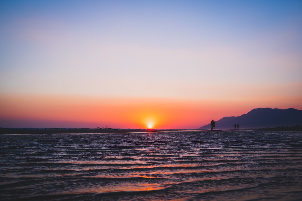 silhouette of people on beach during sunset