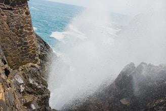 ocean waves hitting brown rocky shore during daytime