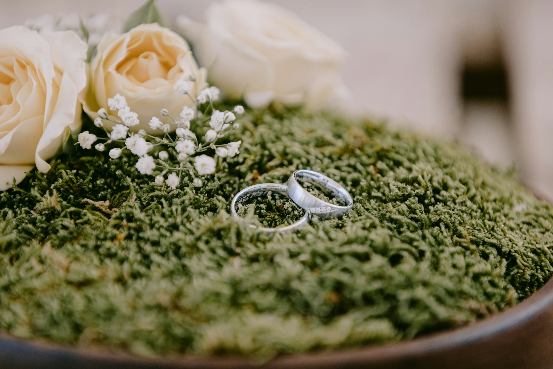 silver and gold rings on green textile