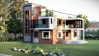 A sleek black-and-wood modern home facade framed by lush tree-lined streets under a clear Calgary sky.