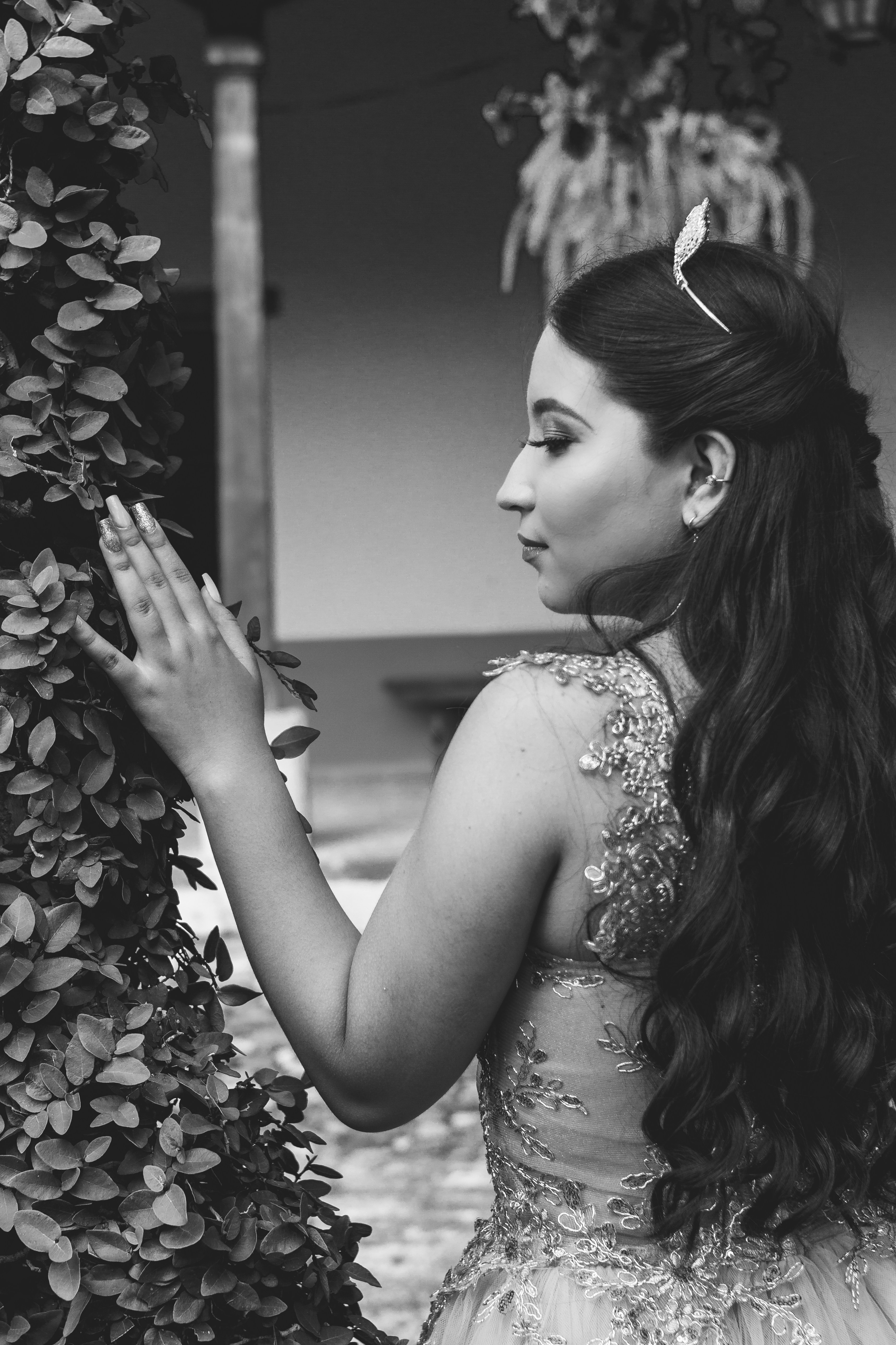 grayscale photo of woman in floral dress