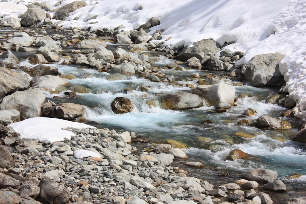 rocky river with snow covered rocks