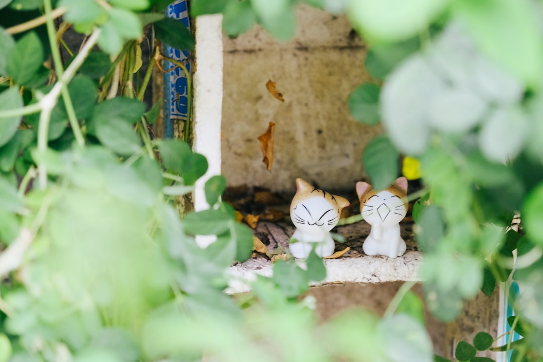 white and brown cat figurine on ground