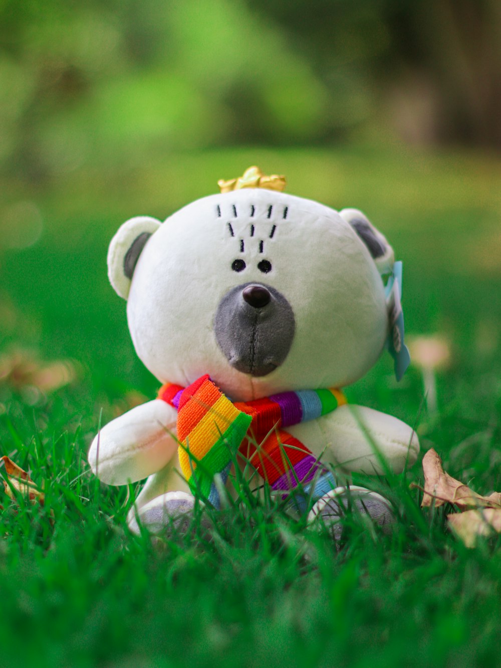 white bear plush toy on green grass during daytime