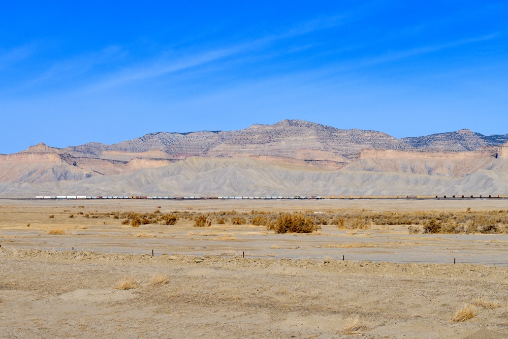 brown field near mountain under blue sky during daytime