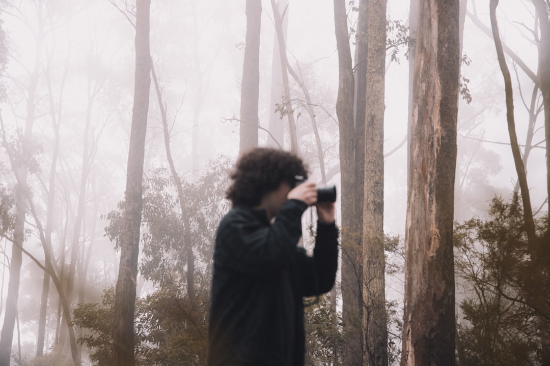 woman in black coat taking photo of trees during daytime