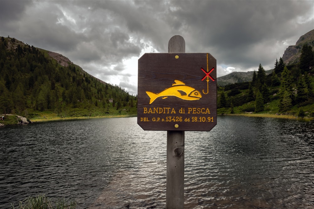 brown wooden signage on river during daytime